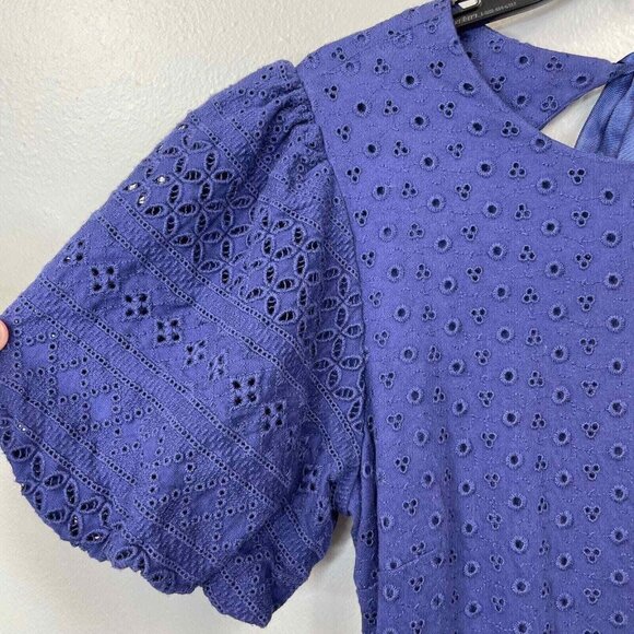 Free People Apricot Rose Mini Dress Womens Large Navy Blue Eyelet Puff Sleve - Picture 4 of 13